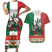 Mexico Christmas Couples Matching Short Sleeve Bodycon Dress and Hawaiian Shirt Cute Axolotl with Flag Style - Wonder Print Shop