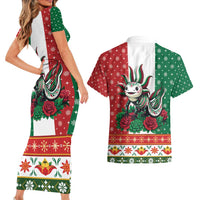 Mexico Christmas Couples Matching Short Sleeve Bodycon Dress and Hawaiian Shirt Cute Axolotl with Flag Style - Wonder Print Shop
