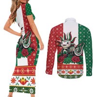 Mexico Christmas Couples Matching Short Sleeve Bodycon Dress and Long Sleeve Button Shirt Cute Axolotl with Flag Style - Wonder Print Shop