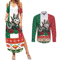 Mexico Christmas Couples Matching Summer Maxi Dress and Long Sleeve Button Shirt Cute Axolotl with Flag Style - Wonder Print Shop