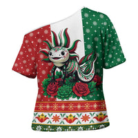 Mexico Christmas Cross Shoulder Shirt Cute Axolotl with Flag Style - Wonder Print Shop