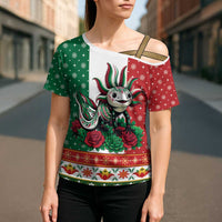 Mexico Christmas Cross Shoulder Shirt Cute Axolotl with Flag Style - Wonder Print Shop