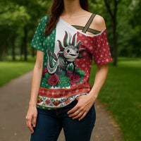 Mexico Christmas Cross Shoulder Shirt Cute Axolotl with Flag Style - Wonder Print Shop