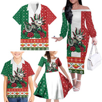 Mexico Christmas Family Matching Off The Shoulder Long Sleeve Dress and Hawaiian Shirt Cute Axolotl with Flag Style - Wonder Print Shop