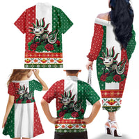 Mexico Christmas Family Matching Off The Shoulder Long Sleeve Dress and Hawaiian Shirt Cute Axolotl with Flag Style - Wonder Print Shop