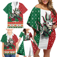 Mexico Christmas Family Matching Off Shoulder Short Dress and Hawaiian Shirt Cute Axolotl with Flag Style - Wonder Print Shop