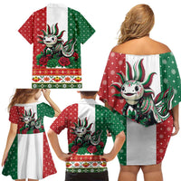 Mexico Christmas Family Matching Off Shoulder Short Dress and Hawaiian Shirt Cute Axolotl with Flag Style - Wonder Print Shop