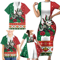 Mexico Christmas Family Matching Short Sleeve Bodycon Dress and Hawaiian Shirt Cute Axolotl with Flag Style - Wonder Print Shop