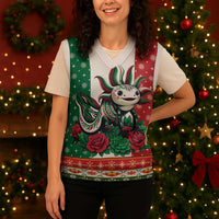 Mexico Christmas Knitted V-Neck Vest Cute Axolotl with Flag Style - Wonder Print Shop