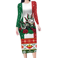 Mexico Christmas Long Sleeve Bodycon Dress Cute Axolotl with Flag Style - Wonder Print Shop