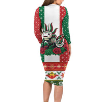 Mexico Christmas Long Sleeve Bodycon Dress Cute Axolotl with Flag Style - Wonder Print Shop
