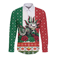 Mexico Christmas Long Sleeve Button Shirt Cute Axolotl with Flag Style - Wonder Print Shop