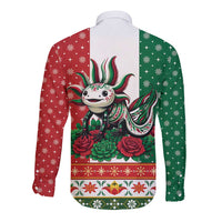 Mexico Christmas Long Sleeve Button Shirt Cute Axolotl with Flag Style - Wonder Print Shop