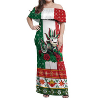 Mexico Christmas Off Shoulder Maxi Dress Cute Axolotl with Flag Style - Wonder Print Shop