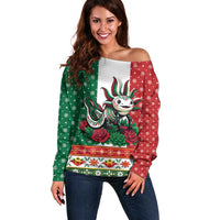 Mexico Christmas Off Shoulder Sweater Cute Axolotl with Flag Style - Wonder Print Shop