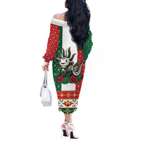 Mexico Christmas Off The Shoulder Long Sleeve Dress Cute Axolotl with Flag Style - Wonder Print Shop