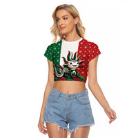 Mexico Christmas Raglan Cropped T Shirt Cute Axolotl with Flag Style - Wonder Print Shop