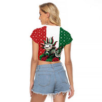 Mexico Christmas Raglan Cropped T Shirt Cute Axolotl with Flag Style - Wonder Print Shop