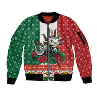 Mexico Christmas Sleeve Zip Bomber Jacket Cute Axolotl with Flag Style - Wonder Print Shop