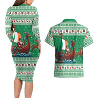 Ireland Viking Santa Christmas Couples Matching Long Sleeve Bodycon Dress and Hawaiian Shirt Funny Reindeer Norse Xmas - Wonder Print Shop