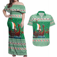 Ireland Viking Santa Christmas Couples Matching Off Shoulder Maxi Dress and Hawaiian Shirt Funny Reindeer Norse Xmas - Wonder Print Shop