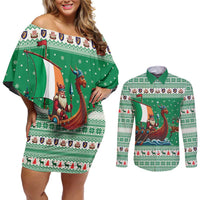 Ireland Viking Santa Christmas Couples Matching Off Shoulder Short Dress and Long Sleeve Button Shirt Funny Reindeer Norse Xmas - Wonder Print Shop