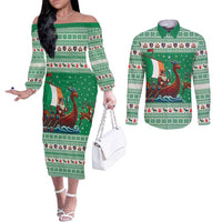 Ireland Viking Santa Christmas Couples Matching Off The Shoulder Long Sleeve Dress and Long Sleeve Button Shirt Funny Reindeer Norse Xmas - Wonder Print Shop