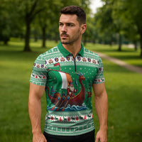 Ireland Viking Santa Christmas Zipper Polo Shirt Funny Reindeer Norse Xmas - Wonder Print Shop