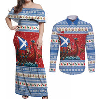 Scotland Viking Santa Christmas Couples Matching Off Shoulder Maxi Dress and Long Sleeve Button Shirt Funny Reindeer Norse Xmas - Wonder Print Shop