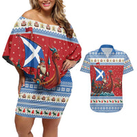 Scotland Viking Santa Christmas Couples Matching Off Shoulder Short Dress and Hawaiian Shirt Funny Reindeer Norse Xmas - Wonder Print Shop