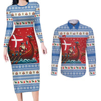 Denmark Viking Santa Christmas Couples Matching Long Sleeve Bodycon Dress and Long Sleeve Button Shirt Funny Reindeer Norse Xmas - Wonder Print Shop