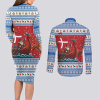 Denmark Viking Santa Christmas Couples Matching Long Sleeve Bodycon Dress and Long Sleeve Button Shirt Funny Reindeer Norse Xmas - Wonder Print Shop