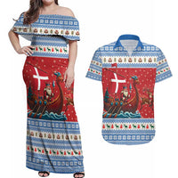Denmark Viking Santa Christmas Couples Matching Off Shoulder Maxi Dress and Hawaiian Shirt Funny Reindeer Norse Xmas - Wonder Print Shop