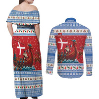 Denmark Viking Santa Christmas Couples Matching Off Shoulder Maxi Dress and Long Sleeve Button Shirt Funny Reindeer Norse Xmas - Wonder Print Shop