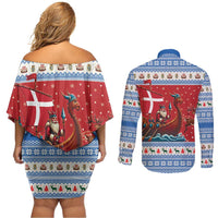 Denmark Viking Santa Christmas Couples Matching Off Shoulder Short Dress and Long Sleeve Button Shirt Funny Reindeer Norse Xmas - Wonder Print Shop