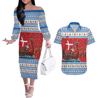 Denmark Viking Santa Christmas Couples Matching Off The Shoulder Long Sleeve Dress and Hawaiian Shirt Funny Reindeer Norse Xmas - Wonder Print Shop