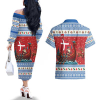 Denmark Viking Santa Christmas Couples Matching Off The Shoulder Long Sleeve Dress and Hawaiian Shirt Funny Reindeer Norse Xmas - Wonder Print Shop