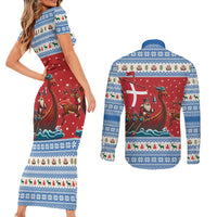 Denmark Viking Santa Christmas Couples Matching Short Sleeve Bodycon Dress and Long Sleeve Button Shirt Funny Reindeer Norse Xmas - Wonder Print Shop