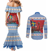 Sweden Viking Santa Christmas Couples Matching Mermaid Dress and Long Sleeve Button Shirt Funny Reindeer Norse Xmas - Wonder Print Shop