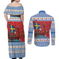 Sweden Viking Santa Christmas Couples Matching Off Shoulder Maxi Dress and Long Sleeve Button Shirt Funny Reindeer Norse Xmas - Wonder Print Shop