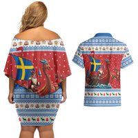 Sweden Viking Santa Christmas Couples Matching Off Shoulder Short Dress and Hawaiian Shirt Funny Reindeer Norse Xmas - Wonder Print Shop