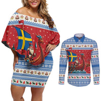 Sweden Viking Santa Christmas Couples Matching Off Shoulder Short Dress and Long Sleeve Button Shirt Funny Reindeer Norse Xmas - Wonder Print Shop