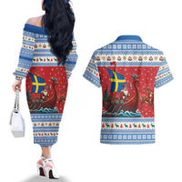 Sweden Viking Santa Christmas Couples Matching Off The Shoulder Long Sleeve Dress and Hawaiian Shirt Funny Reindeer Norse Xmas - Wonder Print Shop