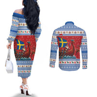 Sweden Viking Santa Christmas Couples Matching Off The Shoulder Long Sleeve Dress and Long Sleeve Button Shirt Funny Reindeer Norse Xmas - Wonder Print Shop