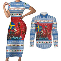 Sweden Viking Santa Christmas Couples Matching Short Sleeve Bodycon Dress and Long Sleeve Button Shirt Funny Reindeer Norse Xmas - Wonder Print Shop