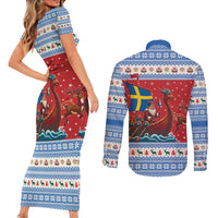 Sweden Viking Santa Christmas Couples Matching Short Sleeve Bodycon Dress and Long Sleeve Button Shirt Funny Reindeer Norse Xmas - Wonder Print Shop