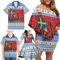 Sweden Viking Santa Christmas Family Matching Off Shoulder Short Dress and Hawaiian Shirt Funny Reindeer Norse Xmas - Wonder Print Shop