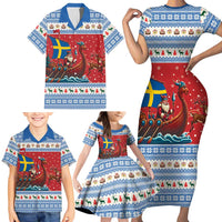 Sweden Viking Santa Christmas Family Matching Short Sleeve Bodycon Dress and Hawaiian Shirt Funny Reindeer Norse Xmas - Wonder Print Shop