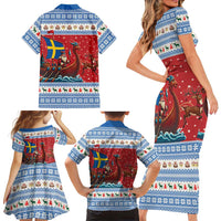 Sweden Viking Santa Christmas Family Matching Short Sleeve Bodycon Dress and Hawaiian Shirt Funny Reindeer Norse Xmas - Wonder Print Shop