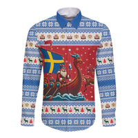 Sweden Viking Santa Christmas Long Sleeve Button Shirt Funny Reindeer Norse Xmas - Wonder Print Shop